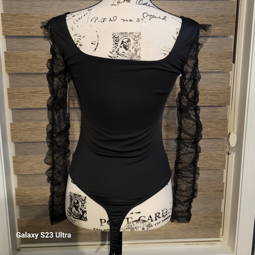 NWT Black Bodysuit with Lace Sleeves - Picture 7 of 11